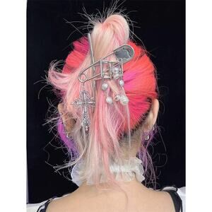 Gothic Safety Pin Hair Claw Clip with Pearl & Cross Charms–Punk Y2K Grunge Hair